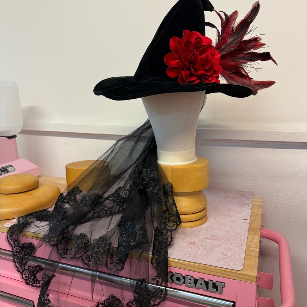 Milliner Designed Black Witch Hat with Red Flower and Feathers